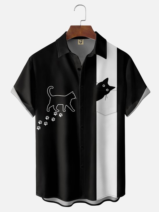 Moisture-Wicking Gradient Black Cat Paw Print Geometric Chest Pocket Bowling Shirt