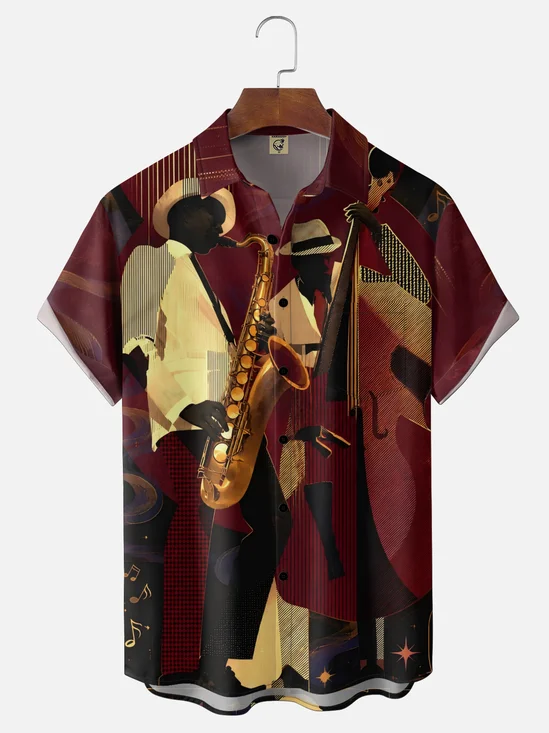 Moisture-Wicking Vintage Jazz Musician Saxophone Cello Art Deco Chest Pocket Casual Hawaiian Shirt