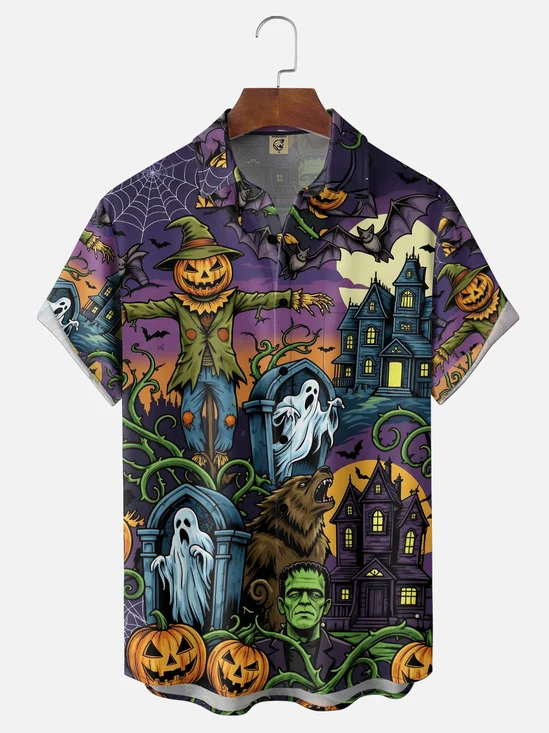 Moisture-Wicking Gradient Halloween Print Ghosts Bats Pumpkins Castles Chest Pocket Hawaiian Shirt