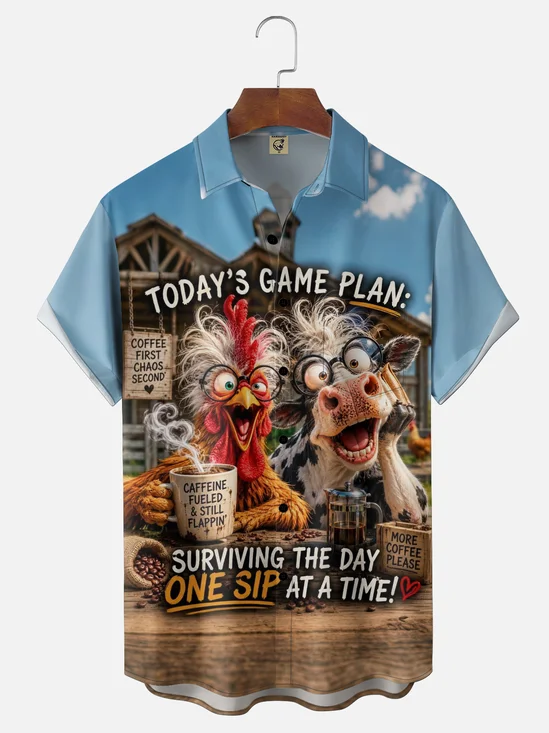 Moisture-Wicking Gradient-Colored Drink Coffee Every Day Chicken & Cow  Chest Pocket Hawaiian Shirt