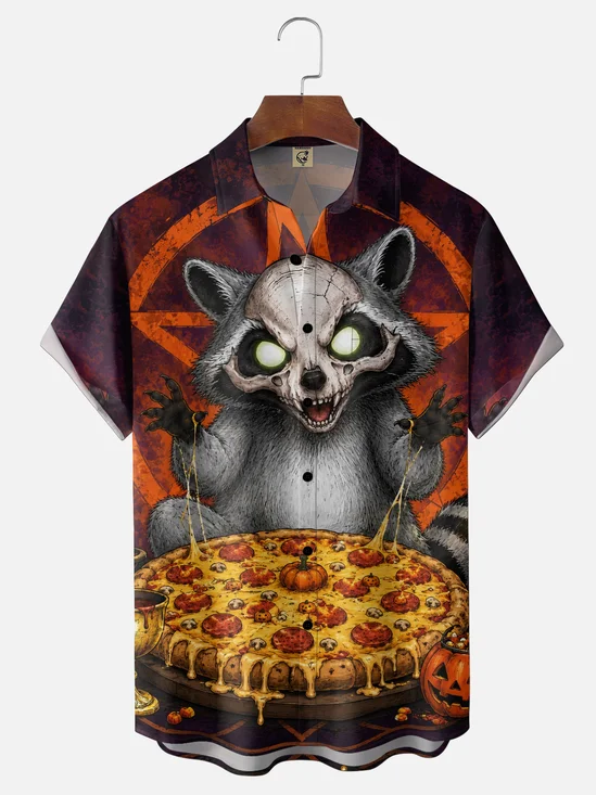 Moisture-Wicking Halloween Cartoon Skull Raccoon Pumpkin Pizza Chest Pocket Holiday Hawaiian Shirt