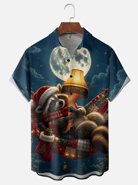 Moisture-Wicking Christmas Christmas Story Leg Lamp Raccoon Christmas Hat Hammock Chest Pocket Holiday Hawaiian Shirt