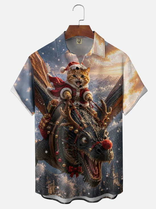 Moisture-Wicking Christmas Whimsical Cartoon Christmas Orange Cat Red Nose Flying Reindeer-Dragon Snowy Mountain Christmas Bell Ancient Castle Snowflakes Chest Pocket Holiday Hawaiian Shirt
