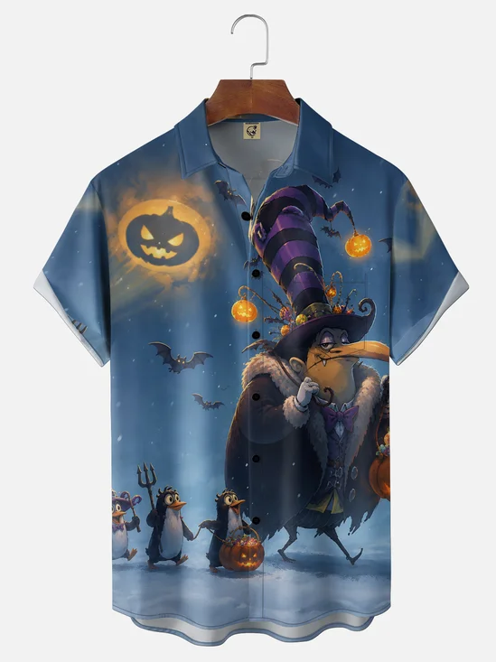 Moisture-Wicking Halloween Cartoon Long-Beaked Bird-Person Penguin Pumpkin Moon Bat Chest Pocket Holiday Hawaiian Shirt