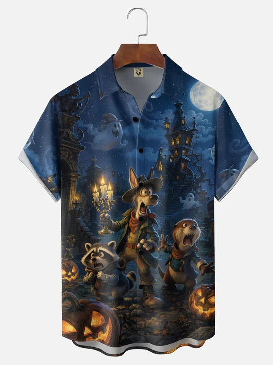 Moisture-Wicking Halloween Retro Cartoon Dog Raccoon Otter Ancient Castle Moon Ghost Pumpkin Graveyard Chest Pocket Holiday Hawaiian Shirt