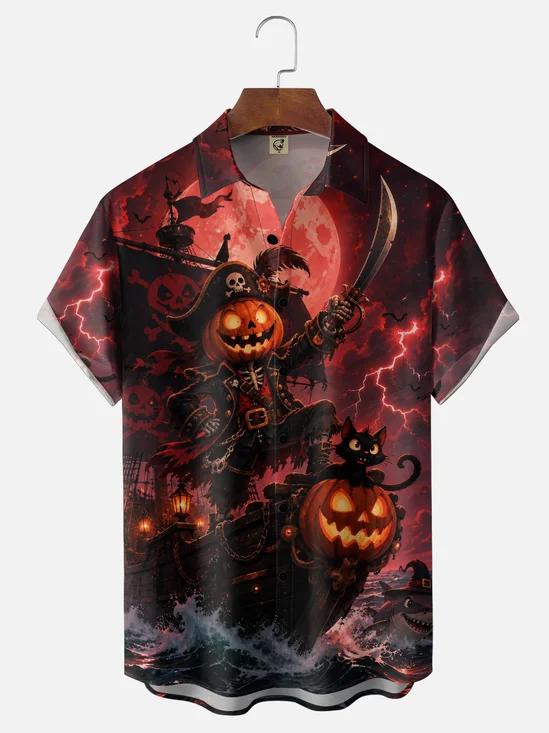 Moisture-Wicking Halloween Pumpkin Head Pirate Captain Ship Cat Chest Pocket Holiday Hawaiian Shirt