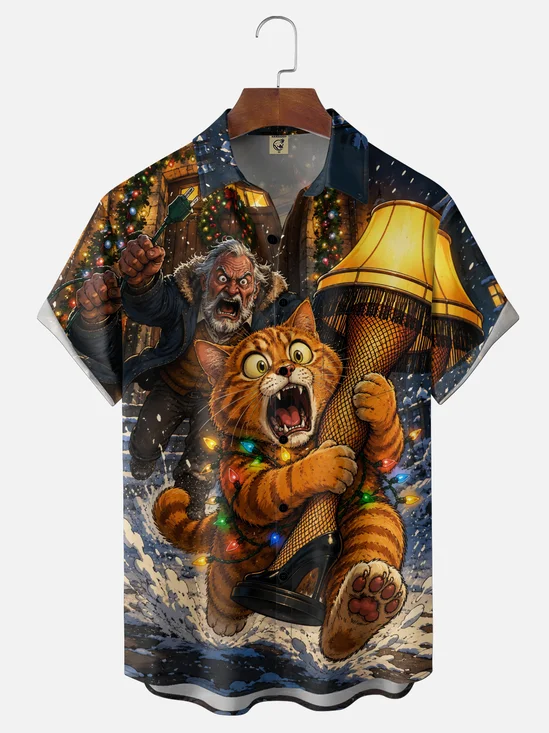 Moisture-Wicking Christmas American-Style Cartoon Christmas Story Leg Lamp Humorous Orange Cat Man Chest Pocket Holiday Hawaiian Shirt