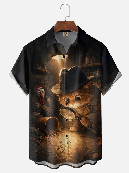 Moisture-Wicking Thanksgiving Vintage Cartoon Fun Detective Orange Cat Magnifying Glass Turkey Paw prints Chest Pocket Holiday Hawaiian Shirt