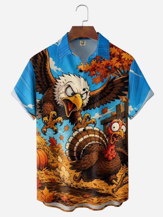 Moisture-Wicking Thanksgiving Funny Cartoon American Comic Style Playful Eagle Turkey Hunting Chest Pocket Holiday Hawaiian Shirt