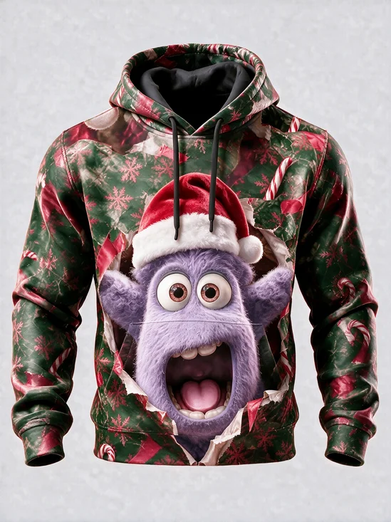 Christmas Monster 3D Santa Hat Kangaroo-Pocket Hoodie Sweatshirt