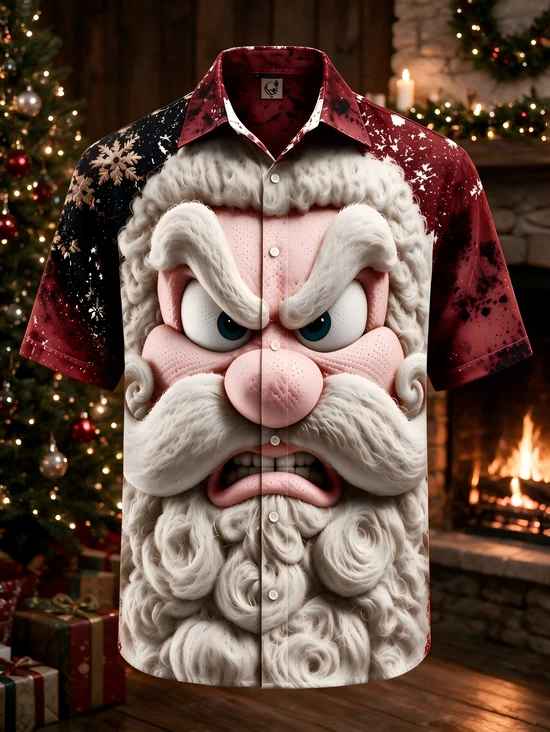 Moisture-Wicking Christmas 3D Angry Santa Claus Chest Pocket Holiday Hawaiian Shirt