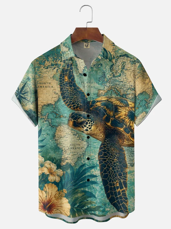 Moisture-Wicking Vintage Nautical Style Map Hibiscus Compass Latitude Longitude Lines Sea Turtle Chest Pocket Hawaiian Shirt