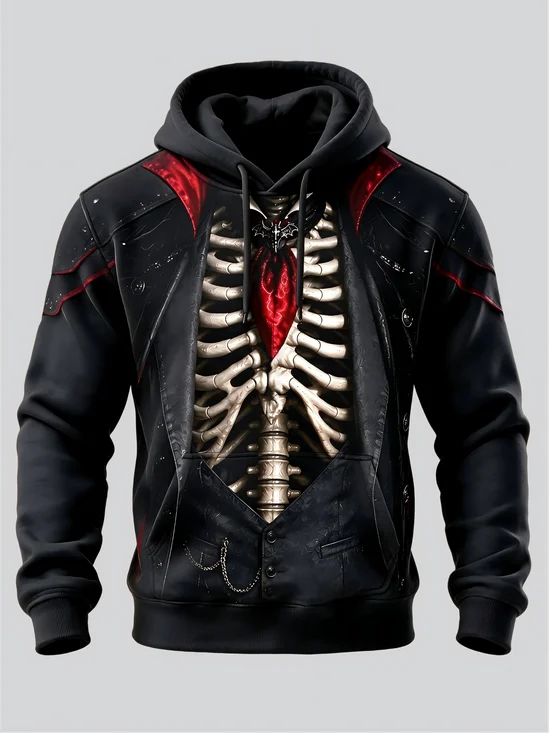 Halloween Punk-Style Skull Ribcage Optical Illusion Gothic Bow Tie Kangaroo-Pocket Hoodie Sweatshirt