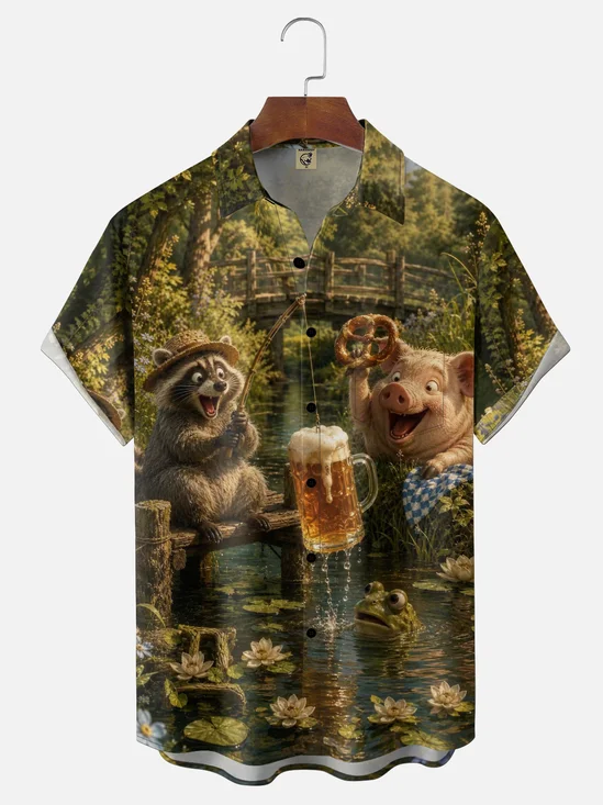 Moisture-Wicking Beer Festival Fun Raccoon Pig Fishing Beer Water Lilies Lotus Flowers Stream Wooden Bridge Trees Frog Chest Pocket Holiday Hawaiian Shirt