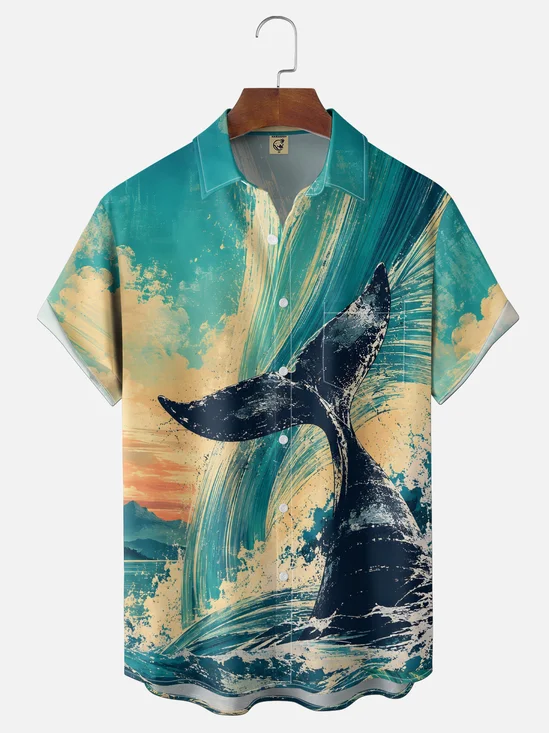 Moisture-Wicking Vintage Oil Painting Style Whale Tail Ocean Waves Chest Pocket Hawaiian Shirt