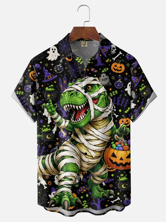 Moisture-Wicking Gradient Halloween-Themed  Mummy Dinosaur Pumpkin  Witch Hat Prints  Chest Pocket Hawaiian Shirt