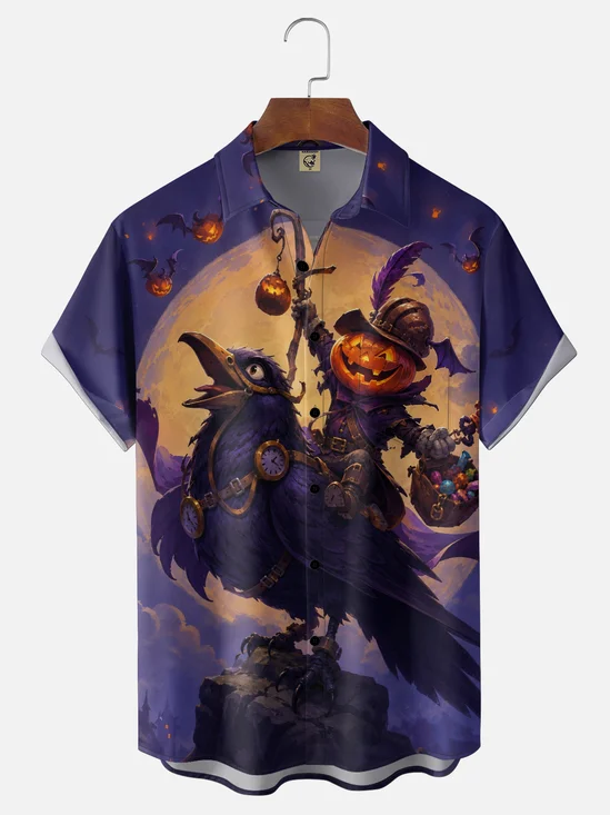 Moisture-Wicking Halloween Vintage Style Pumpkin-Headed Scarecrow Crow Moon Chest Pocket Holiday Hawaiian Shirt
