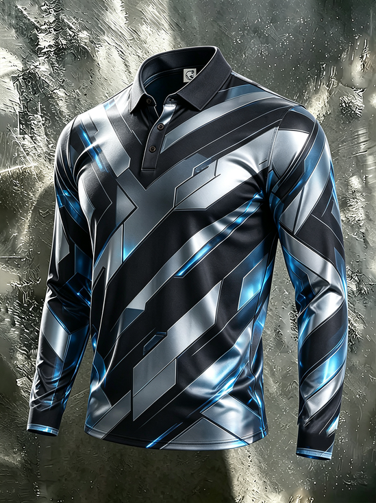 Moisture-Wicking Gradient 3D Abstract Geometric Color-Block Long-Sleeve Hawaiian Golf Polo