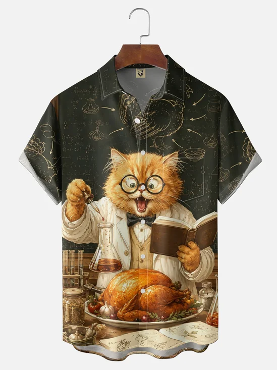 Moisture-Wicking Thanksgiving Cartoon Retro Funny Playful Scientist Orange Cat Roast Turkey Beakers Test Tubes Chest Pocket Holiday Hawaiian Shirt