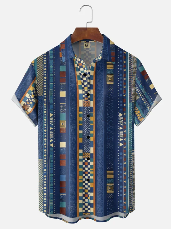 Moisture-Wicking Vintage Tribal Ethnic Style Bohemian Geometric Checkerboard Meander Pattern Polka Dots Triangles Spirals Chest Pocket Casual Hawaiian Shirt