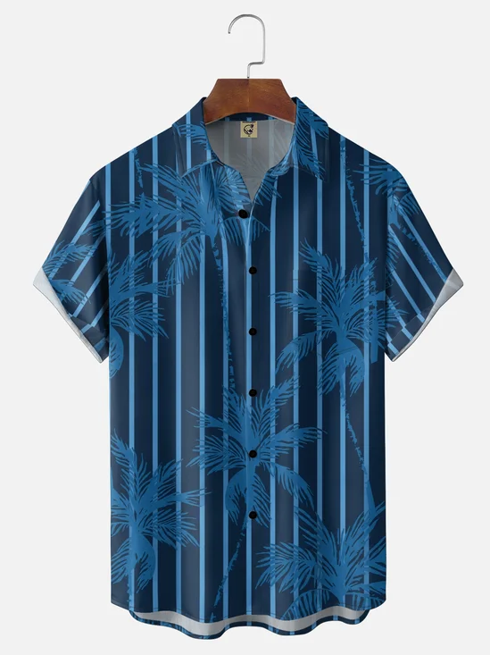 Moisture-Wicking Vertical-Striped Palm Leaf Tropical Chest Pocket Hawaiian Shirt