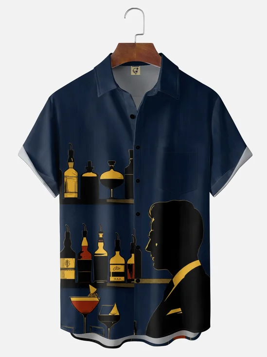 Moisture-Wicking Vintage Art Deco Style Bar Gentleman Silhouette Cocktails Martini Margarita Whiskey Gin Brandy Chest Pocket Casual Hawaiian Shirt