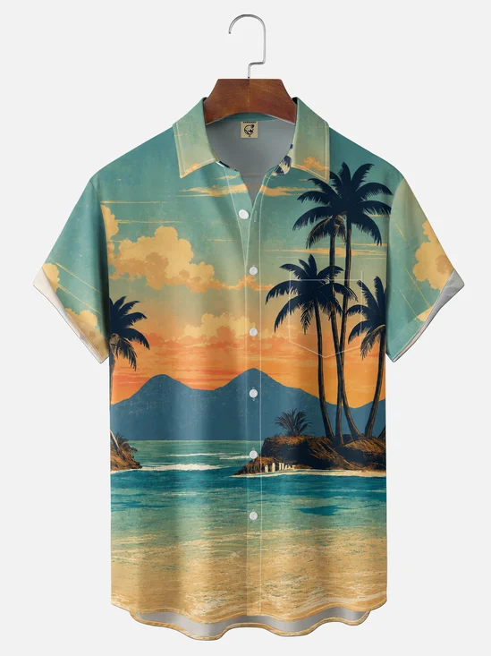 Moisture-Wicking Vintage Island Sunset Landscape Palm Leaf Afterglow Beach Tropical Chest Pocket Hawaiian Shirt