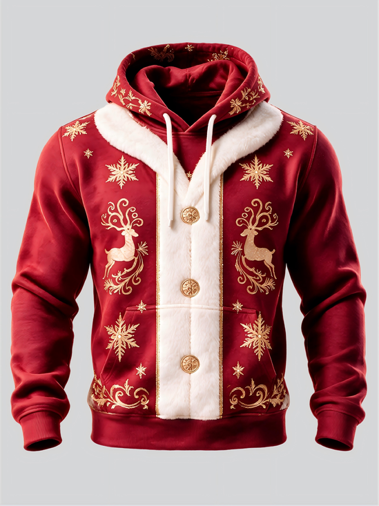 Christmas Vintage Santa Claus Suit Look Elk Kangaroo-Pocket Hoodie Sweatshirt