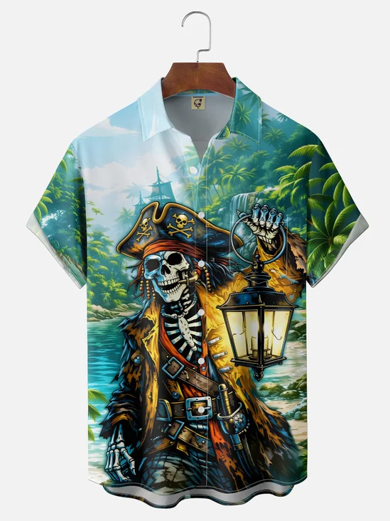 Moisture-Wicking Gradient Design Featuring Pirate Skulls Sailboats  Coconut Trees  Chest Pocket Hawaiian Shirt