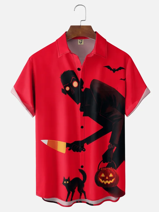Moisture-Wicking Halloween Retro Flat-Style Zombie Pumpkin Trick-Or-Treat Bucket Knife Chest Pocket Holiday Hawaiian Shirt