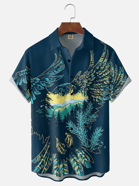 Moisture-Wicking American Style Eagle Mountain Forest Landscape Snow-Capped Mountains Plants Chest Pocket Hawaiian Shirt
