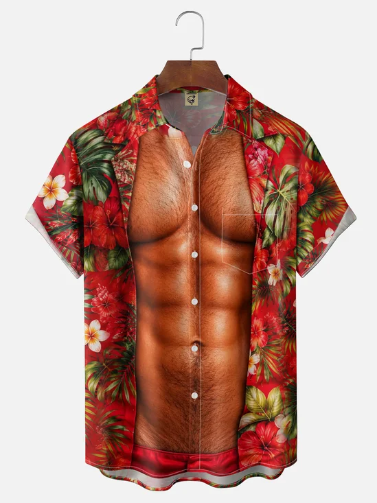 Moisture-Wicking Gradient Hibiscus & Leaf Print Muscle-Fit Chest Pocket Hawaiian Shirt