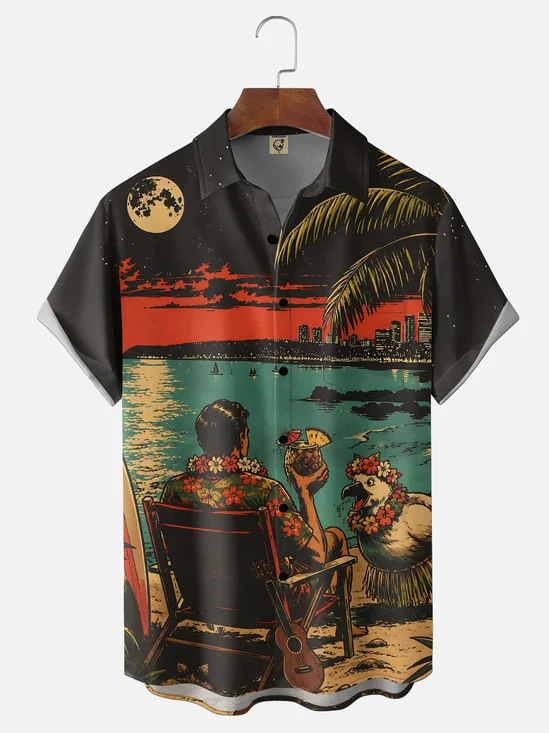 Moisture-Wicking Vintage American Comic Style Night Beach City Skyline Cocktail Parrot Garland Palm Fronds Beach Chair Ukulele Chest Pocket Hawaiian Shirt