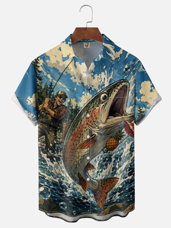 Moisture-Wicking Retirement American-Style Vintage Comic Fun Fishing Trout Chest Pocket Holiday Hawaiian Shirt