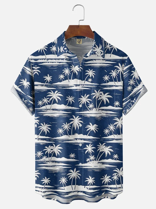 Moisture-Wicking Retro Tropical Island Palm Trees Chest Pocket Hawaiian Shirt