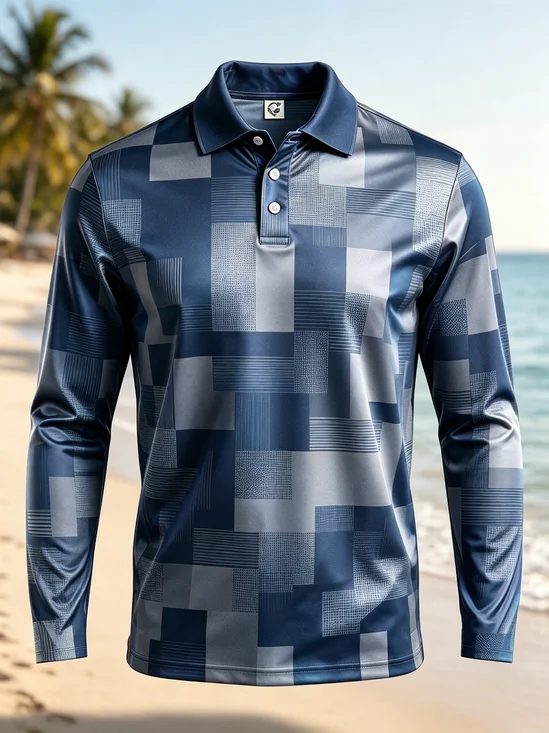 Moisture-Wicking Gradient 3D Abstract Geometric & Polka Dot Long-Sleeve Hawaiian Golf Polo