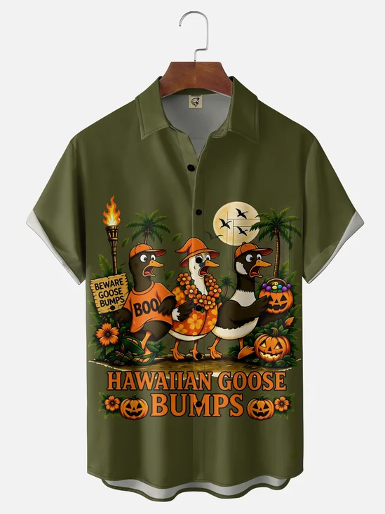 Moisture-Wicking Gradient Halloween Canada Goose Pumpkin Hibiscus Coconut Tree Chest Pocket Hawaiian Shirt