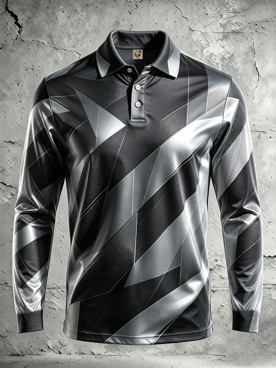 Moisture-Wicking Gradient 3D Abstract Mechanical Geometric & Color-Block Design Long-Sleeve Hawaiian Golf Polo