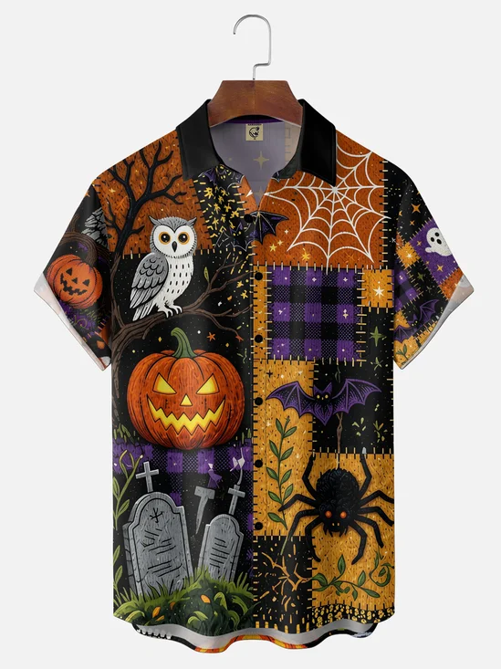 Moisture-Wicking Gradient Halloween Print Pumpkin Spider Owl Plaid  Chest Pocket Hawaiian Shirt