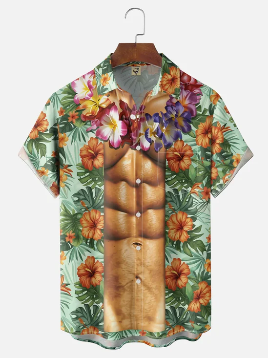 Moisture-Wicking Gradient Floral & Leaf Print Muscle-Fit Chest Pocket  Hawaiian Shirt
