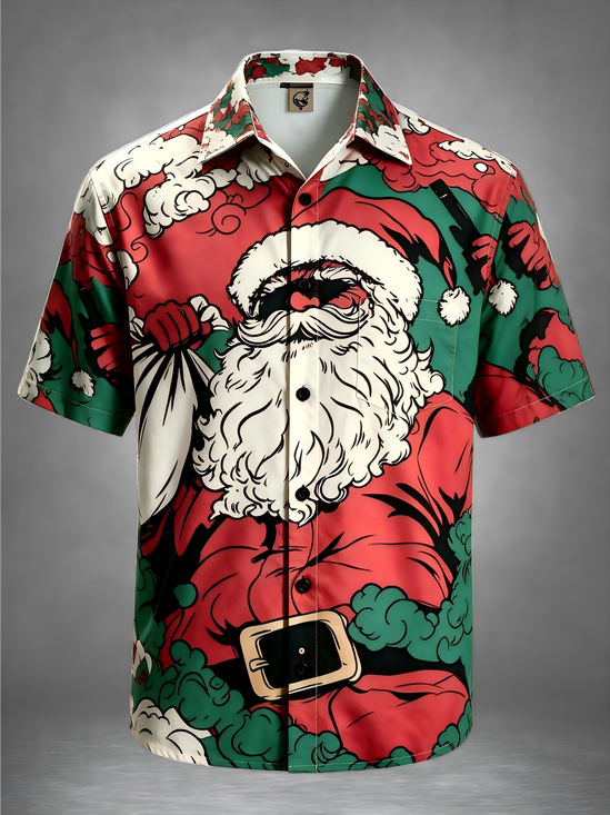 Moisture-Wicking Christmas Vintage Cartoon Santa Claus Gift Bag Clouds Chest Pocket Holiday Hawaiian Shirt