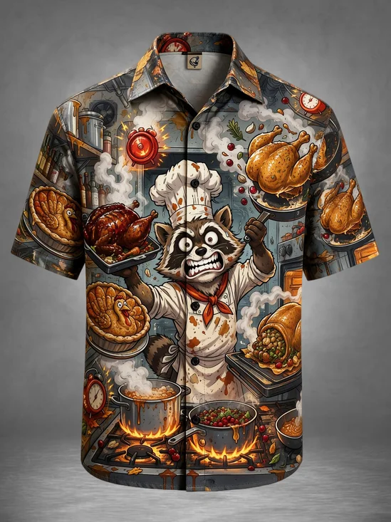 Moisture-Wicking Thanksgiving American-Style Cartoon Vintage Funny Raccoon Chef Cooking Thanksgiving Chest Pocket Holiday Hawaiian Shirt