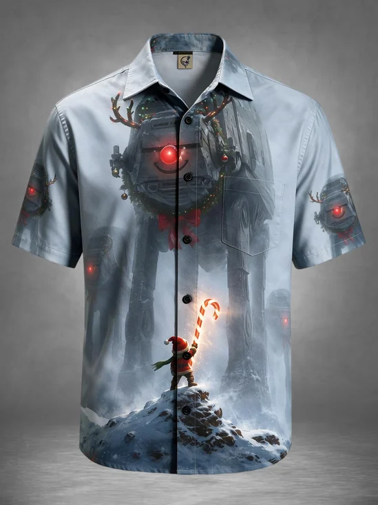 Moisture-Wicking Christmas Santa Claus Sci-Fi Snowy Winter Christmas Wreath Robot Candy Cane Reindeer Antlers Chest Pocket Holiday Hawaiian Shirt