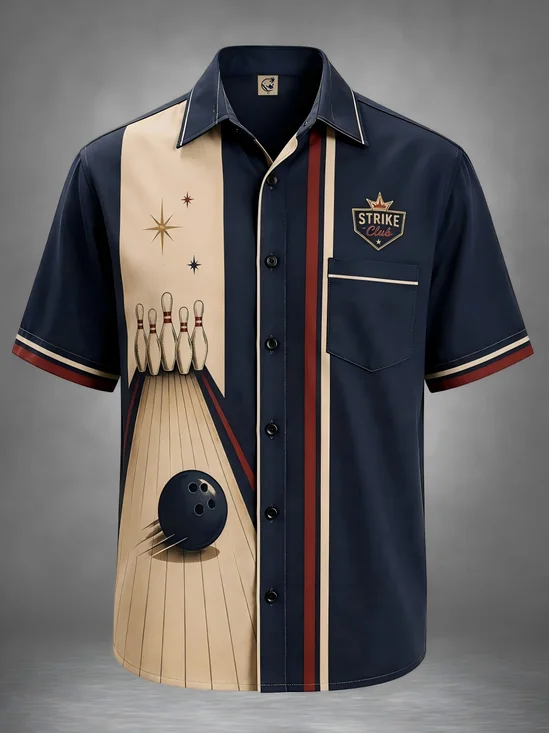 Moisture-Wicking American-Style Vintage Bowling Strike Striped Club 3D Crown Emblem Bowling Lane Bowling Pins Chest Pocket Casual Hawaiian Shirt