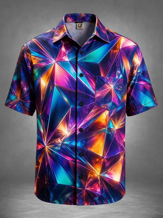 Moisture-Wicking Neon Gradient Prism Glass Chest Pocket Casual Hawaiian Shirt