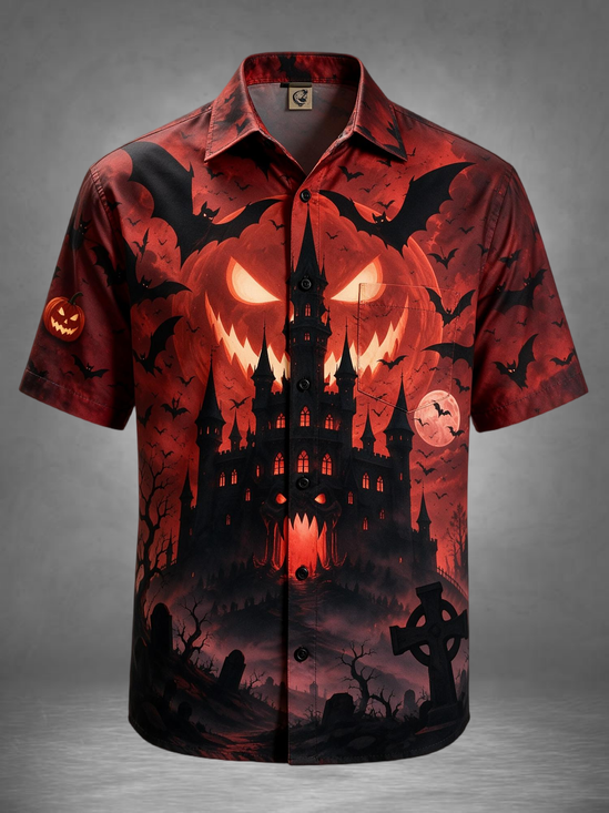 Moisture-Wicking Halloween Dark Castle Evil Pumpkin Graveyard Bats Chest Pocket Holiday Hawaiian Shirt