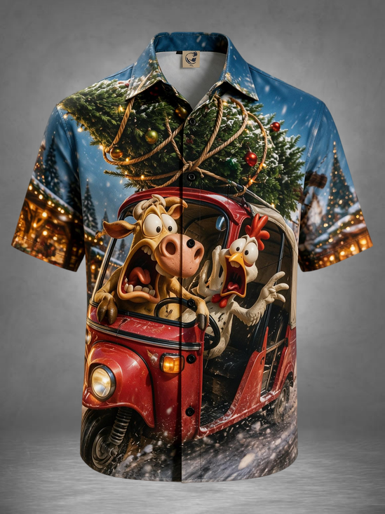 Moisture-Wicking Christmas Cartoon Funny Cow Rooster Tuk‑Tuk Christmas Tree Snowy Chest Pocket Holiday Hawaiian Shirt