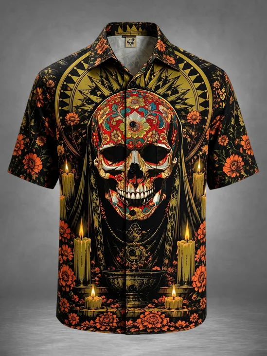 Moisture-Wicking Day Of The Dead Skull Altar Candle Marigold Chest Pocket Holiday Hawaiian Shirt
