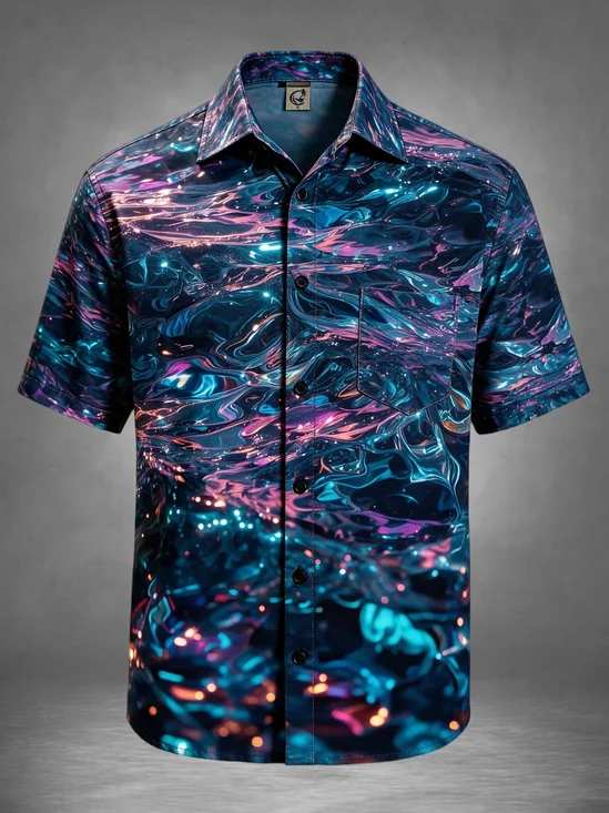 Moisture-Wicking Art Lridescent Fluid Ripples Chest Pocket Casual Hawaiian Shirt