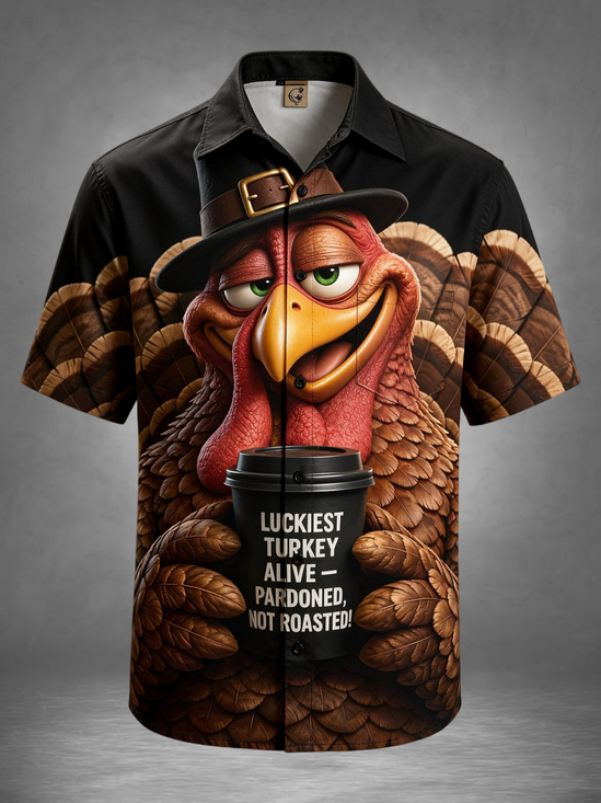Moisture-Wicking Thanksgiving Turkey Coffee 3D Cartoon Funny Humor Slogan”Luckiest Turkey Alive — PARDONED, NOT ROASTED!“ Chest Pocket Holiday Hawaiian Shirt